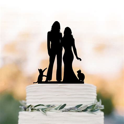 Lesbian Wedding Cake Topper With Cat Same Sex Mrs And Mrs Cake Topper
