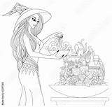 Pages Coloring Beautiful Witch Vector Preparing Bottles Apothecary Potion Herbs Halloween Theme Illustration Book Comp Contents Similar Search sketch template