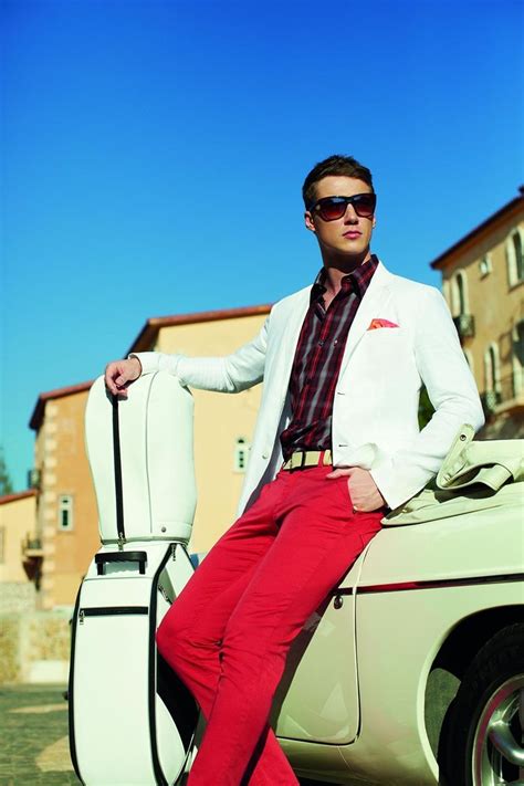 linen jacket on checked shirt and red chino pants red