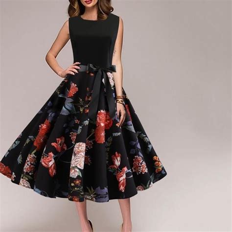 round neck bowknot patchwork floral printed skater dress
