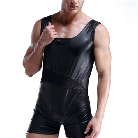 Men Wetlook Bodysuit Jumpsuit Sexy Soft Faux Leather