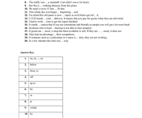 prepositions test answer key