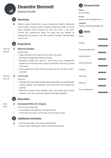 material handler resume sample  job description