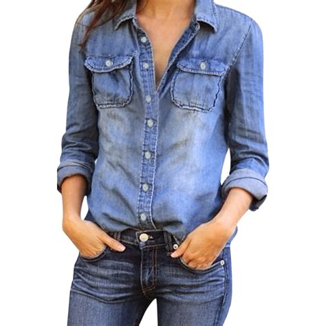 fashion retro casual jean blouses womens ladies blue denim long sleeve shirt tops jacket lapel
