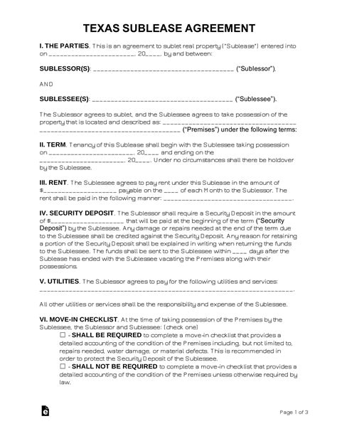 texas sublease agreement template  word eforms