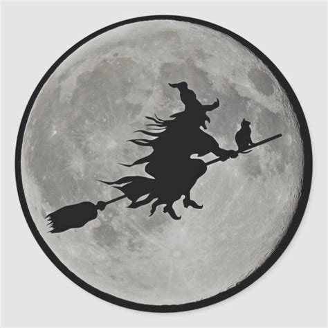 Full Moon Witch On Broom Halloween Witch Button Classic Round Sticker