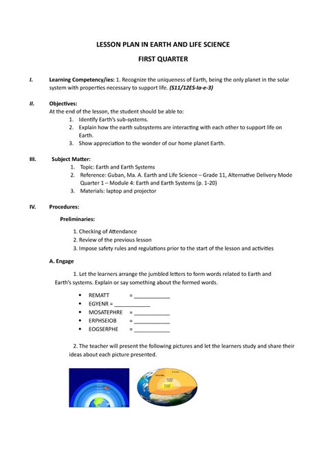 lesson plan  earth  life science lesson plan  earth  life