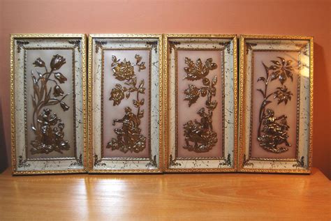 Vintage 1950 S Metalcraft Four Seasons Gold And Ivory Wall Hangings