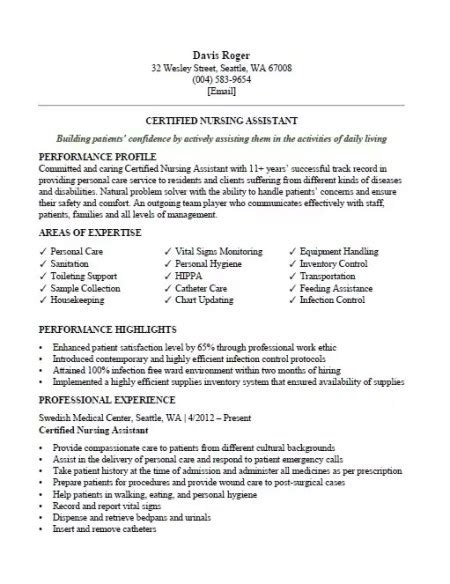 certified nursing assistant cna resume sample clr