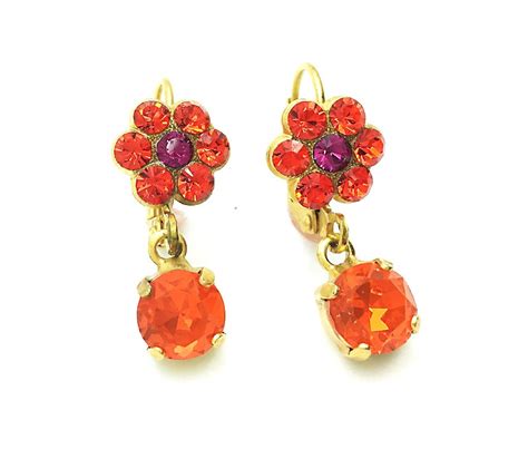 mariana earrings dangling flower shape orange and pink austrian crystal