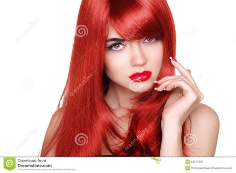 long red hair fashion beautiful girl with makeup glossy