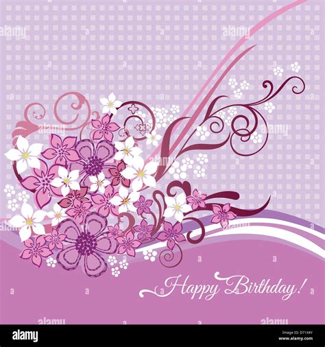 feminine happy birthday card  pink  white flowers  swirls