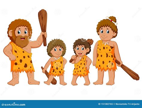 caveman family  wild nature landscape vector cartoon cartoondealer