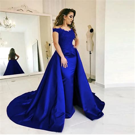 royal blue lace mermaid evening gowns  detachable train elegant