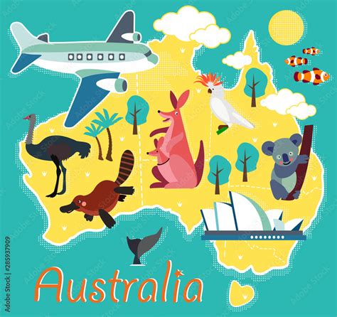 animal cartoon map australia  children  kids vector