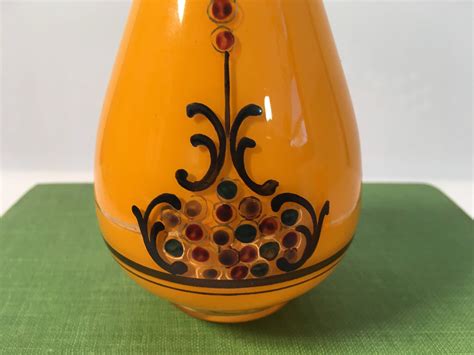 Vintage Pair Art Deco Glass Vases Orange Glass W Hand Painted W Multi