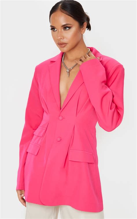 hot pink woven cinched shoulder padded blazer prettylittlething aus