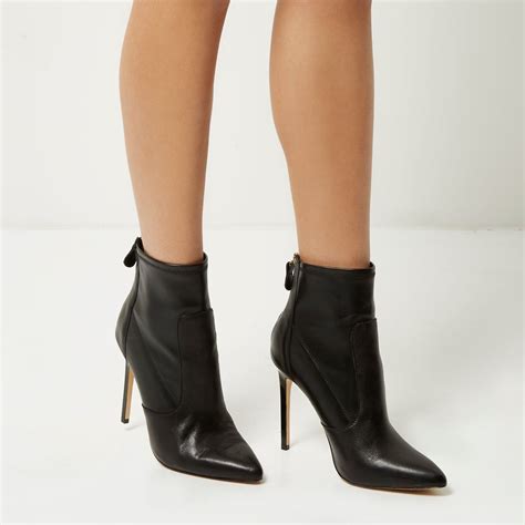 river island black leather stretch heeled ankle boots  black lyst