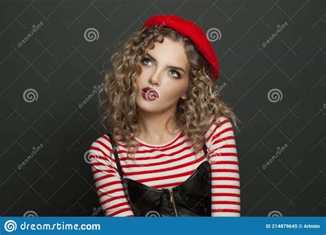 Nice French Woman On Black Background Portrait Stock Image Image Of