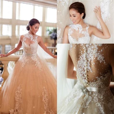discount 2015 luxury high neck wedding dress ball gown sheer illusion