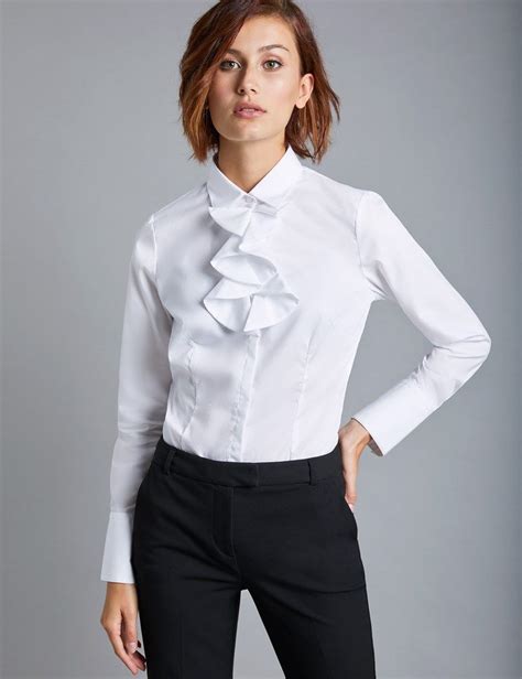 Womens White Fitted Shirt With Neck Frill Detail Single Cuff White