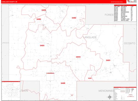 langlade county wi zip code wall map red  style  marketmaps