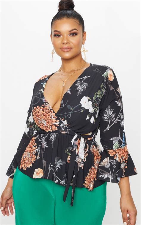 plus black floral wrap blouse plus size prettylittlething