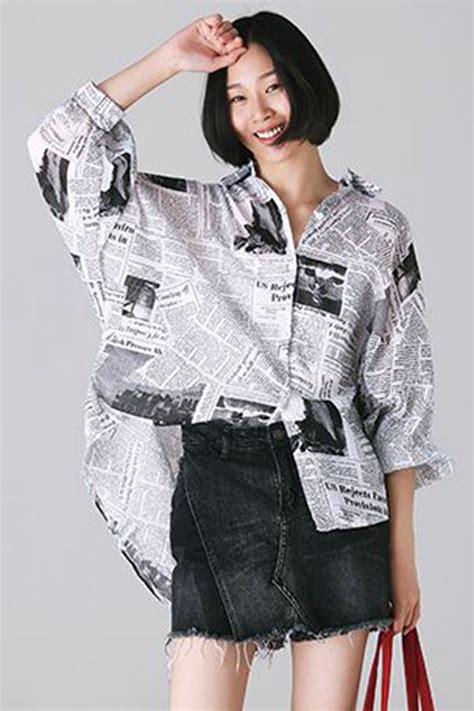 casual news paper print shirt women cotton blouse  autumn  print shirts women paper