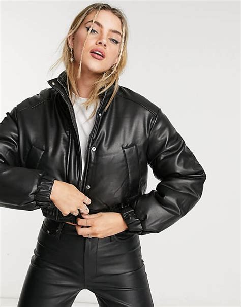 bershka faux leather padded bomber jacket  black asos