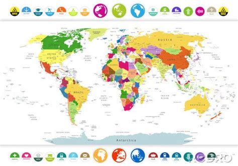 poster carte du monde politique avec des icones  des globes plats sur