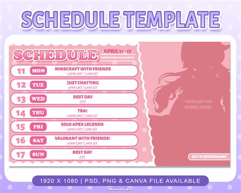 stream schedule template  twitch youtube  pink etsy