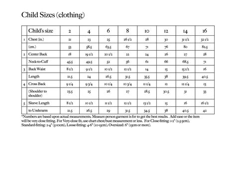 standard size chart  children