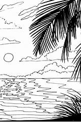 Coloring Pages Beach Sunset Sunrise Scene Ocean Adult Printable Drawing Stencil Palm Scenery Natural Tree Colouring Color Glass Adults Pattern sketch template