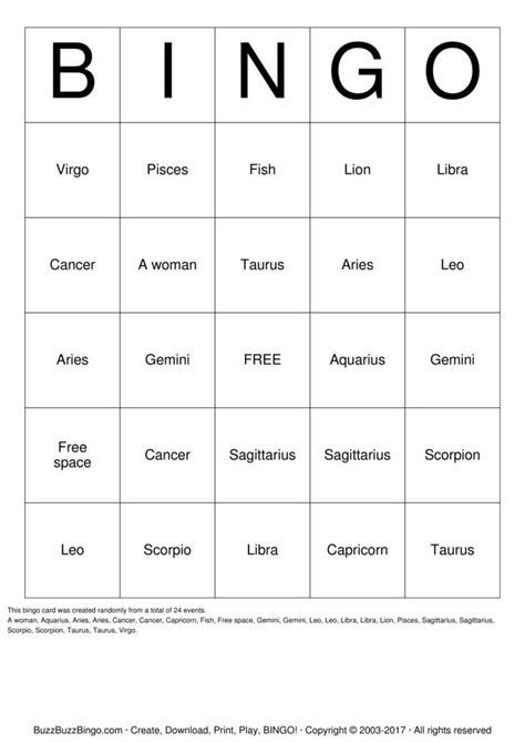 zodiac bingo cards   print  customize
