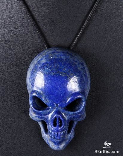 lapis lazuli carved crystal skull pendant  sterling silver