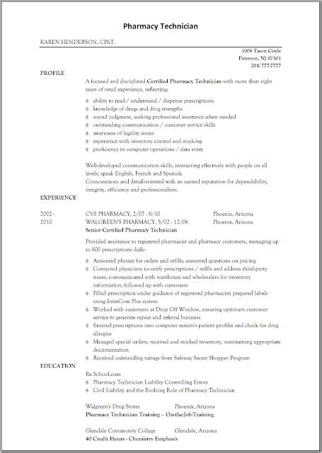 sample resume  pharmacy technician sample resumes