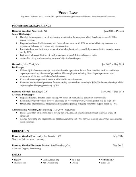 entry level bookkeeper resume examples   resume worded