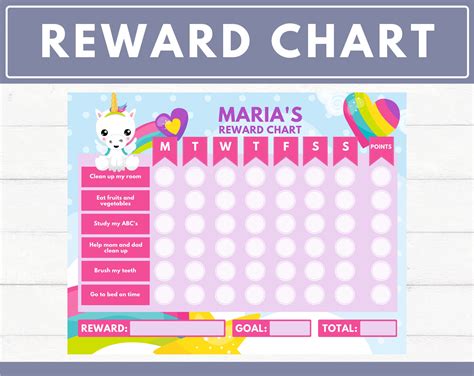 editable unicorn printable reward chart  girls kids reward chart