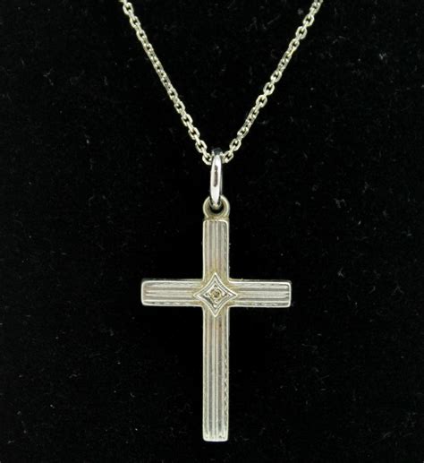 vintage solid white gold diamond cross pendant   white gold chain necklace