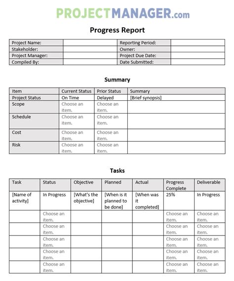 progress report template  projects excel