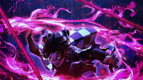demon slayer tanjiro kamado  purple lightning  black background hd anime wallpapers