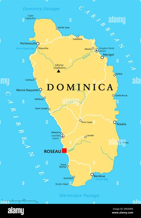 Dominica Political Map With Capital Roseau And Important Places Stock