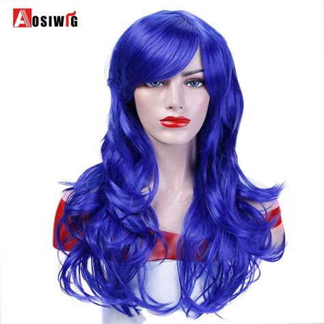 long wavy blue wig  bangs natural heat resistant synthetic cosplay wig african wigs