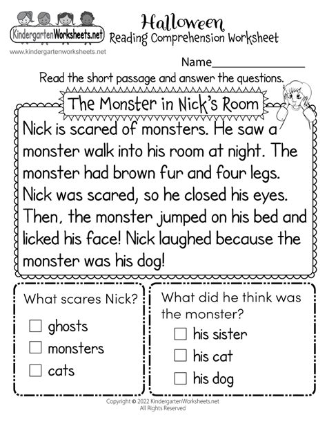 printable halloween reading comprehension worksheet  kindergarten