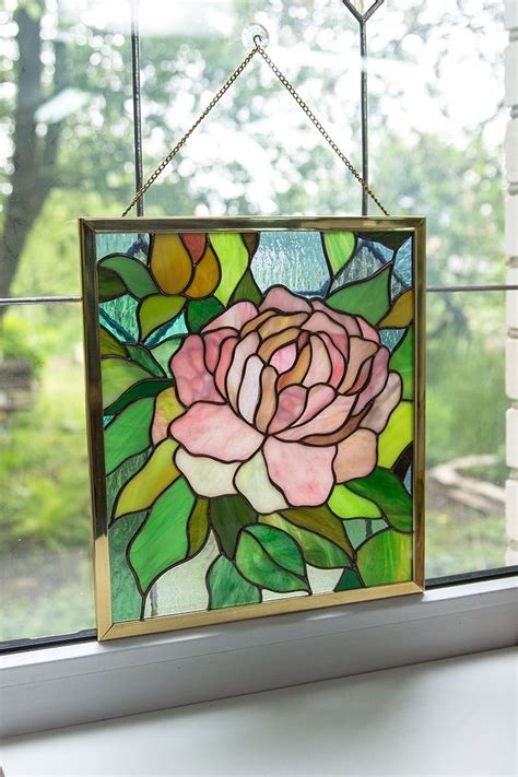 peony stained glass window hangings custom stained glass flower decor