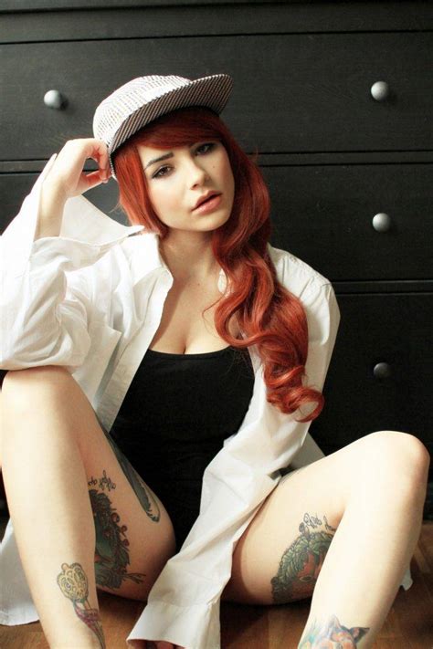 women model redhead long hair looking at viewer spread legs tattoos sitting wavy hair