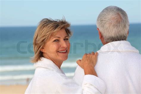 Older Couple Outdoors In Bathrobes Stock Image Colourbox