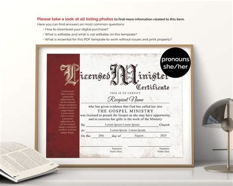 editable licensed minister certificate template printable etsy