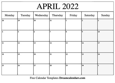 april  calendar  blank printable  holidays
