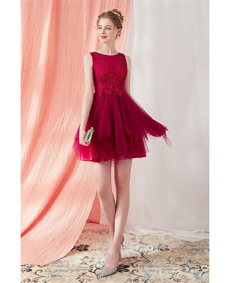 Cute Burgundy Short Tulle Tutu Homecoming Prom Dress With Lace